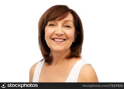 beauty and old people concept - portrait of smiling senior woman over white background. portrait of smiling senior woman over white