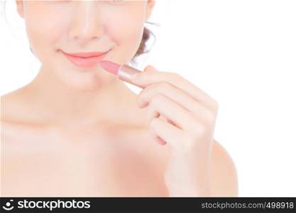 Beauty asian woman applying make up with lipstick of mouth isolated on white background, Beautiful girl on lips with happy, skincare and cosmetic concept.
