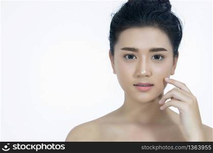 Beauty asian women fashion perfect skin Portrait and Smiling young woman on white background.