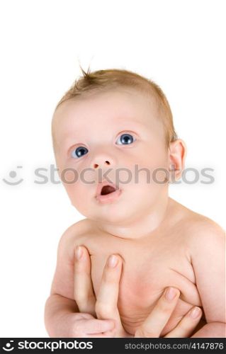 Beauty baby boy at mother hand isolated on a white background