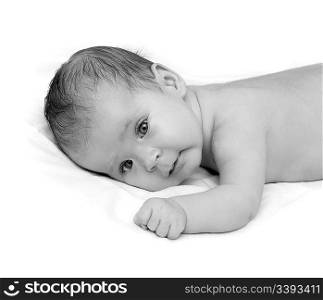 beauty baby crawling on white sheet
