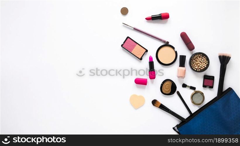 beauty bag with different cosmetics white table. Resolution and high quality beautiful photo. beauty bag with different cosmetics white table. High quality beautiful photo concept