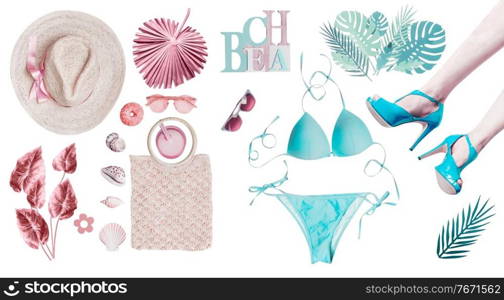 Beauty beach set with various female accessories  bikini, sandals, palm leaves, hats, drinks, shells , sunglasses on white background. Pastel color. Pink and turquoise blue