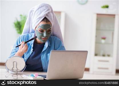 Beauty blogger applying mask and posting to internet blog