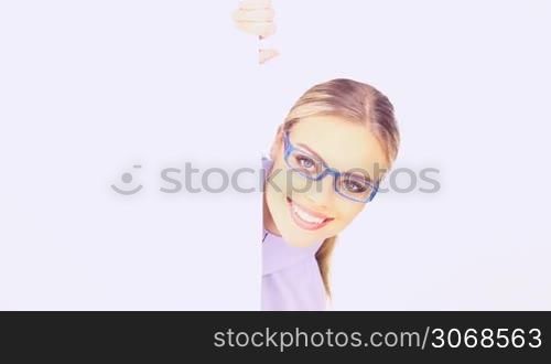 beauty businesswoman with the glasses holding empty space board