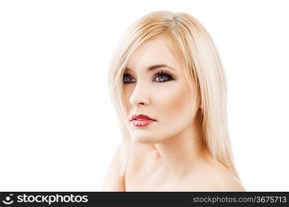 beauty close up portrait of young alluring beautiful lady with reddish lips and well done blond hair over white