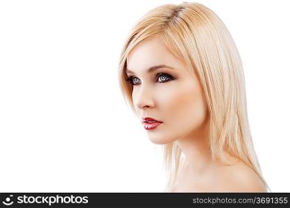 beauty close up portrait of young beautiful lady with red lips and well done blond hair over white
