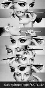 Beauty collage. Faces of women. Fashion photo. Makeup artist applies lipstick and eye shadow. Woman applying perfume. Black and White