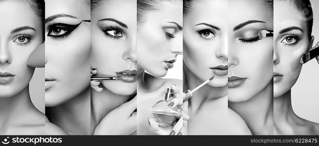 Beauty collage. Faces of women. Fashion photo. Makeup artist applies lipstick and eye shadow. Woman applying perfume