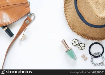Beauty concept, woman cosmetics and accessories, Flat lay on white background with copy space