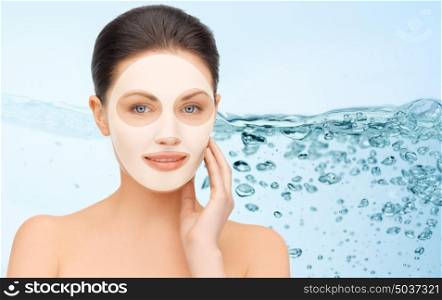beauty, cosmetology, hydration, people and rejuvenation concept - beautiful young woman with collagen facial mask over blue background and water bubbles. beautiful young woman with collagen facial mask