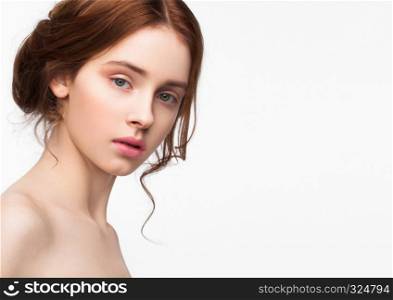Beauty cute fashion model with natural make up on white background
