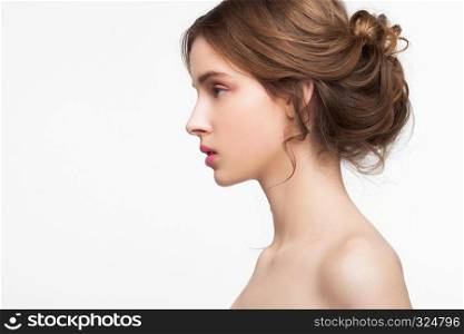 Beauty cute fashion model with natural make up on white background