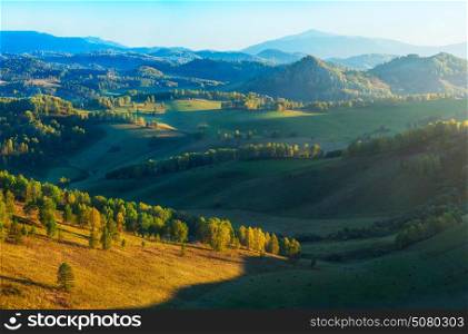 Beauty dawn in the mountains in Altay, panoramic picture. Beauty dawn in the mountains