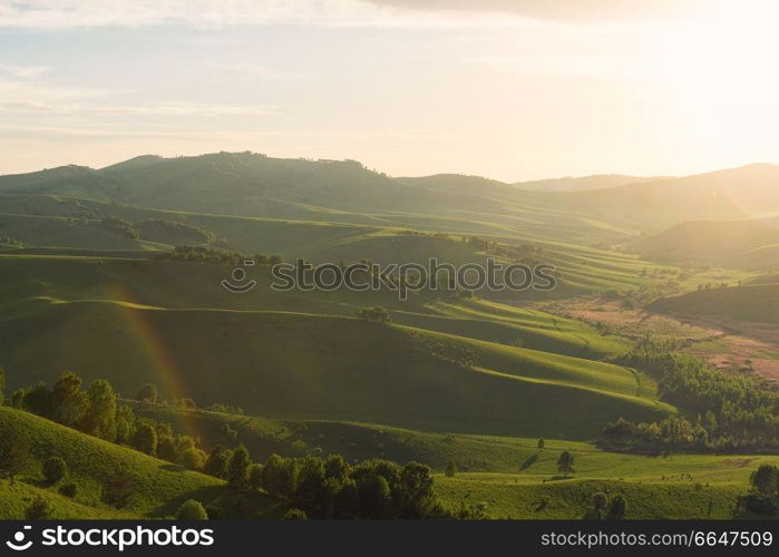 Beauty dawn on the beauty valleys, in the mountains in Altay. Beauty dawn in the mountains