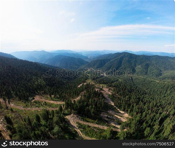 Beauty day in the mountains in Altay, panoramic picture. Aerial shot on drone. Beauty day in the mountains