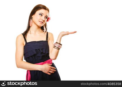 beauty, fashion, advertisement concept - young woman in summer dress holding open palm, empty hand copy space for product, isolated