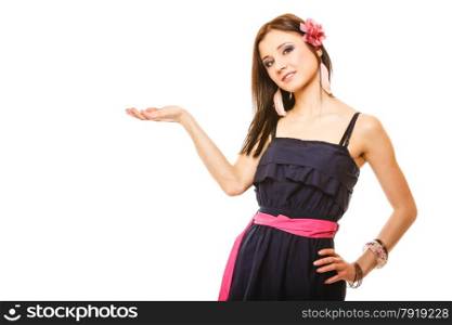 beauty, fashion, advertisement concept - young woman in summer dress holding open palm, empty hand copy space for product, isolated