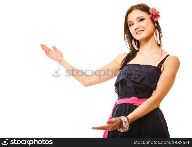 beauty, fashion, advertisement concept - young woman in summer dress showing blank copy space copy space, isolated
