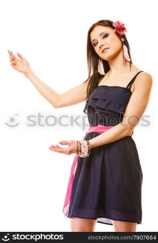 beauty, fashion, advertisement concept - young woman in summer dress showing blank copy space copy space, isolated
