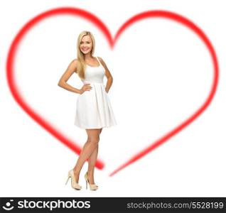 beauty, fashion, love and happy people concept - young woman in white dress and high heels