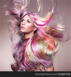 Beauty fashion model girl with colorful dyed hair. Beauty Fashion Model Girl with Colorful Dyed Hair. Girl with perfect Makeup and Hairstyle. Model with perfect Healthy Dyed Hair. Rainbow Hairstyles