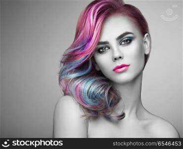 Beauty fashion model girl with colorful dyed hair. Beauty Fashion Model Girl with Colorful Dyed Hair. Girl with perfect Makeup and Hairstyle. Model with perfect Healthy Dyed Hair. Rainbow Hairstyles