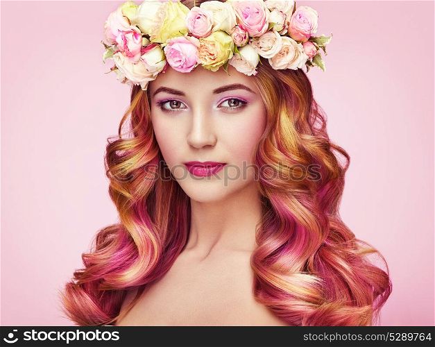 Beauty fashion model girl with colorful dyed hair. Girl with perfect makeup and hairstyle. Model with perfect healthy dyed hair. Flower wreath on head