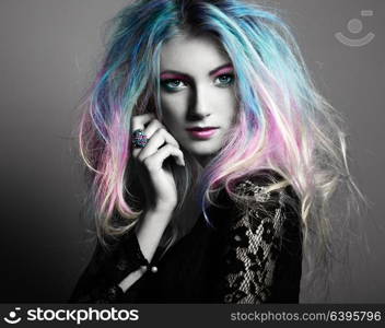 Beauty Fashion Model Girl with Colorful Dyed Hair. Girl with perfect Makeup and Hairstyle. Model with perfect Healthy Dyed Hair. Rainbow Hairstyles