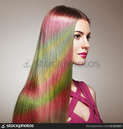 Beauty Fashion Model Girl with Colorful Dyed Hair. Girl with perfect Makeup and Hairstyle. Model with perfect Healthy Dyed Hair. Rainbow Hairstyles