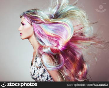 Beauty Fashion Model Girl with Colorful Dyed Hair. Girl with perfect Makeup and Hairstyle. Model with perfect Healthy Dyed Hair. Rainbow Hairstyles