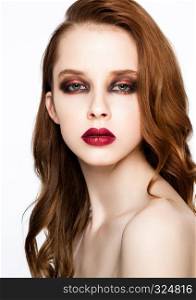Beauty fashion model with ginger hair and red lips makeup on white background