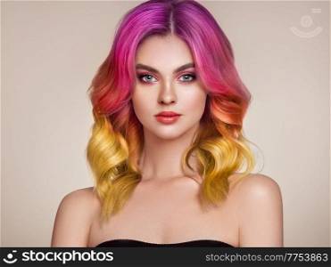 Beauty Fashion Model Woman with Colorful Dyed Hair. Girl with Perfect Makeup and Hairstyle. Model with Perfect Healthy Dyed Hair. Care and Beauty Hair Products
