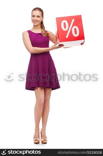 beauty, fashion, shopping and happy people concept - young woman in purple dress and high heels with box and percent sign on it