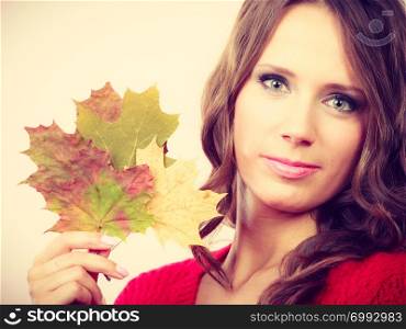 Beauty female autumnal model. Pretty girl long hair with maple leaves in hand