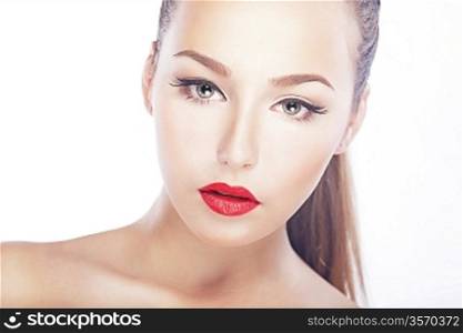 Beauty - fresh woman face - red lips, natural clean healthy skin