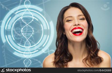 beauty, genetics and people concept - happy laughing young woman with red lipstick over blue background and dna molecule hologram. woman with red lipstick over dna molecule
