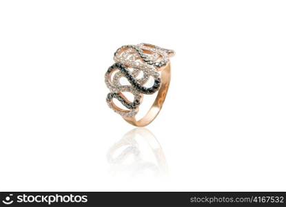 Beauty gold ring with diamond gems on white background