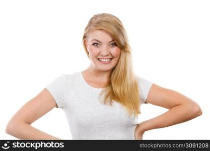 Beauty, happiness, joy concept. Portrait of happy smiling attractive young woman with beautiful blonde hair. Studio shot on white background. Portrait of happy smiling young blonde woman