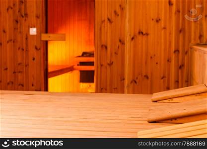 Beauty health spa and lifestyle concept. Interior of wooden finnish sauna.
