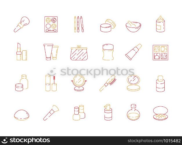 Beauty icons. Makeup items for women lipstick nail polish cream eyeshadows cosmetics vector colored symbols. Illustration of cosmetic brush and perfume. Beauty icons. Makeup items for women lipstick nail polish cream eyeshadows cosmetics vector colored symbols