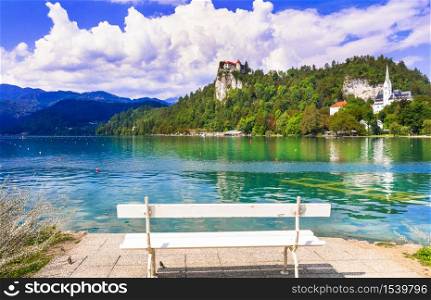 Beauty in nature. Lake scenery - wonderful Bled in Slowenia, popular tourist attraction. Beautiful romantic lake Bled in Slovenia. view with castle over rock