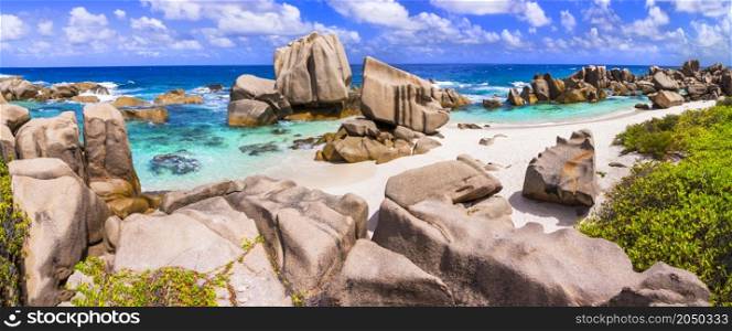 Beauty in nature. Seychelles islands. Unique tropical beach with granite rocks - Anse Cocos in La Digue island