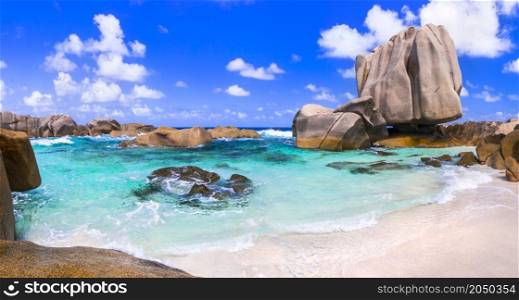 Beauty in nature. Seychelles islands. Unique tropical beach with granite rocks - Anse Marron in La Digue island