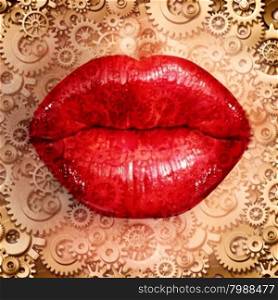 Beauty industry and skin care business concept as a close up of the red lips of a woman made of gears and cog wheels as a skincare symbol and the business of style and glamour trends.