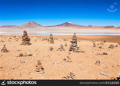 Beauty lake and volcanoes on Altiplano, Bolivia