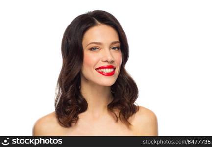 beauty, make up and people concept - happy smiling young woman with red lipstick over white background. beautiful smiling young woman with red lipstick. beautiful smiling young woman with red lipstick
