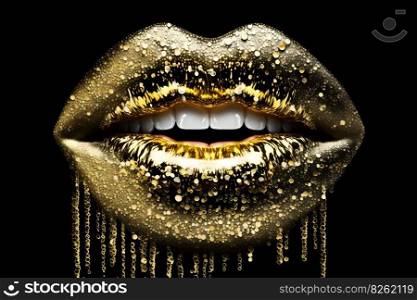 Beauty makeup golden luxury lips on a black background. Neural network AI generated art. Beauty makeup golden luxury lips on a black background. Neural network AI generated