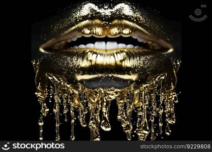 Beauty makeup golden luxury lips on a black background. Neural network AI generated art. Beauty makeup golden luxury lips on a black background. Neural network AI generated