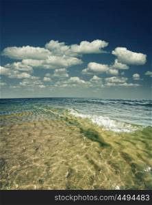 Beauty marine landscape with sea surface, waves and blue skies